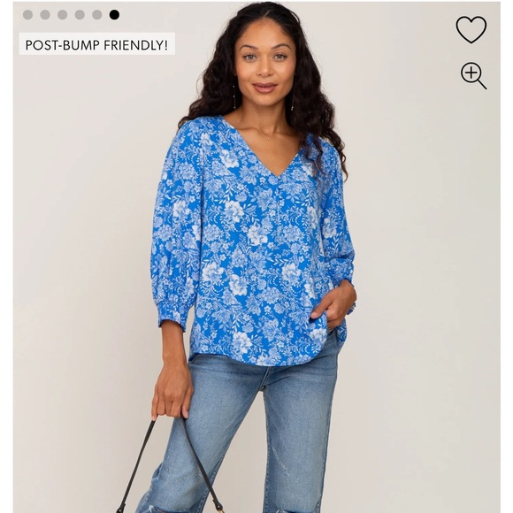 Pinkblush Blue Floral Paisley Button Front 3/4 Sleeve Maternity Top - Picture 6 of 13